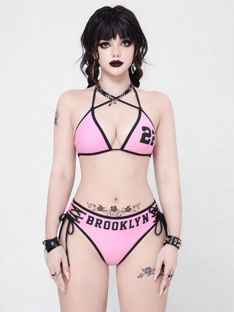 ROMWE Goth 女士优雅度假沙滩性感露背交叉可爱粉色数码印花金属孔眼比基尼套装，春夏秋季 - 粉色 - 查看 1