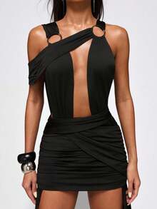 Normani Vestido sexy de mujer con corte y fruncido de unicolor - Negro - Ver 3