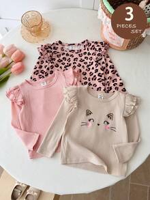 SHEIN LMoss Kids Conjunto de 3 piezas para bebé niña, top casual de punto de color liso con estampado de leopardo y patrón lindo, cuello redondo y bajo con volantes, estilo grueso, adecuado para otoño/invierno - Multicolor - View 4