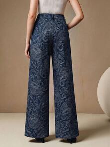 Anewsta Modern Design Digital Print Casual Blue Pants, High Waist Loose Slimming Straight Leg Trousers For Women, Spring/Autumn New Arrival - Blue - View 2