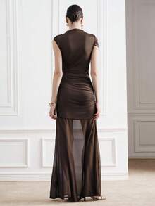 Aveloria Modichic Women's Metal Buckle Ruched Single Sleeve Sheer Mesh Patchwork Waist Dress, Suitable For Evening Parties, Fashion Shows, And Upscale Gatherings - Brown - View 2