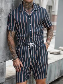 Manfinity Homme Men's Striped Printing Front Button Pocket Short Sleeve Jumpsuit - Multicolor - View 5