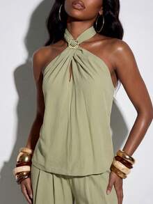Normani Bộ đồ nữ màu trơn gồm áo hai dây xếp ly và quần dài, kiểu dáng thường ngày. - màu xanh lá - Xem 4
