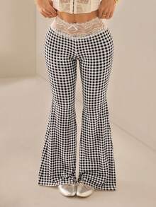 SHEIN PETITE Women's Lace Patchwork Plaid Casual Versatile Daily Wear Pants - Black and White - View 9