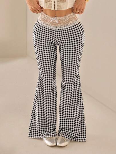 SHEIN PETITE Women's Lace Patchwork Plaid Casual Versatile Daily Wear Pants