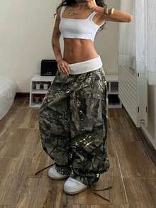 SHEIN ICON Plus Size Women's Fashion Camouflage Contrast Waistband Denim Jeans - Multicolor - View 7