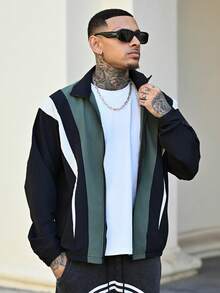 Devon Thys Jaket Pria Lengan Panjang Kasual Kerah Tinggi dengan Resleting Warna Kontras, Musim Gugur - MultiWarna - View 5