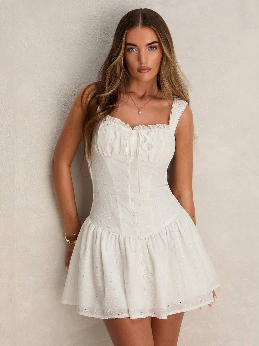 Enchnt Women's White Polka Dot Summer Mini Dress, Cottage Core Sexy Tea Party Golf French Style Eyelet Embroidery Sleeveless Corset Dresses For Vacation - White - View 1