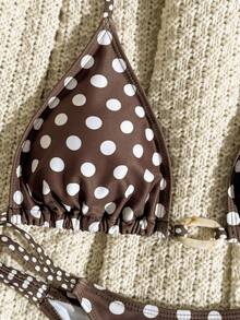 Swim Mod Women's Summer Beach Party Holiday Black And White Polka Dot Polka Dot Print Tropical Bikini Set Holiday Sexy - Multicolor - View 5
