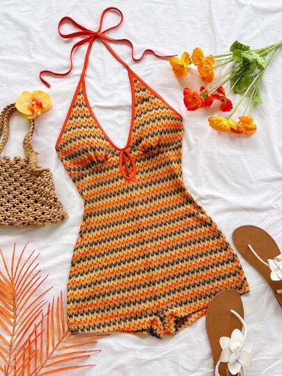 New Multicolor Knitted Striped Halter Backless Mini Jumpsuit, Suitable For Autumn/Winter, Halloween, New Year, Carnival, Party, Date, Afternoon Tea, Beach, Layering Or Outerwear