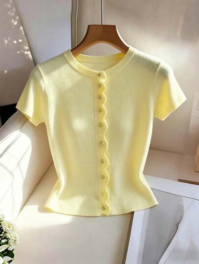 SHEIN Franclia Elegant Vintage Casual Round Neck Ruffle Trim Button Decor Short Sleeve Yellow Knit Top For Women, Summer