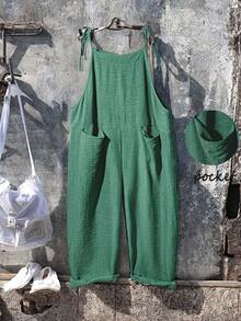 EMERY ROSE Plus Size Women Summer Casual Vacation Daily Commute Solid Color Knot Shoulder Pockets Loose Jumpsuit - Cadet Blue - View 1