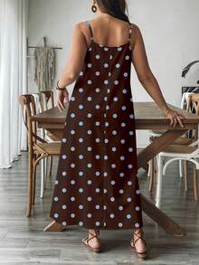 SHEIN VCAY Đầm maxi dáng rộng hai dây màu nâu và xanh nhạt chấm bi, kiểu dáng thường ngày, thích hợp cho kỳ nghỉ của nữ - Đầm slip đi biển không tay có túi. - màu nâu - Xem 2