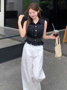 DAZY Women's Korean Style Fitted Casual Denim Blouse, Summer - Blue - View 7