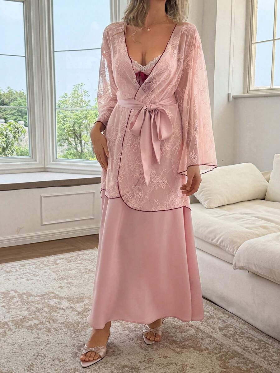 Livesso 女士蕾丝拼接吊带连衣裙和外套休闲家居服套装 - 粉色 - 查看 1