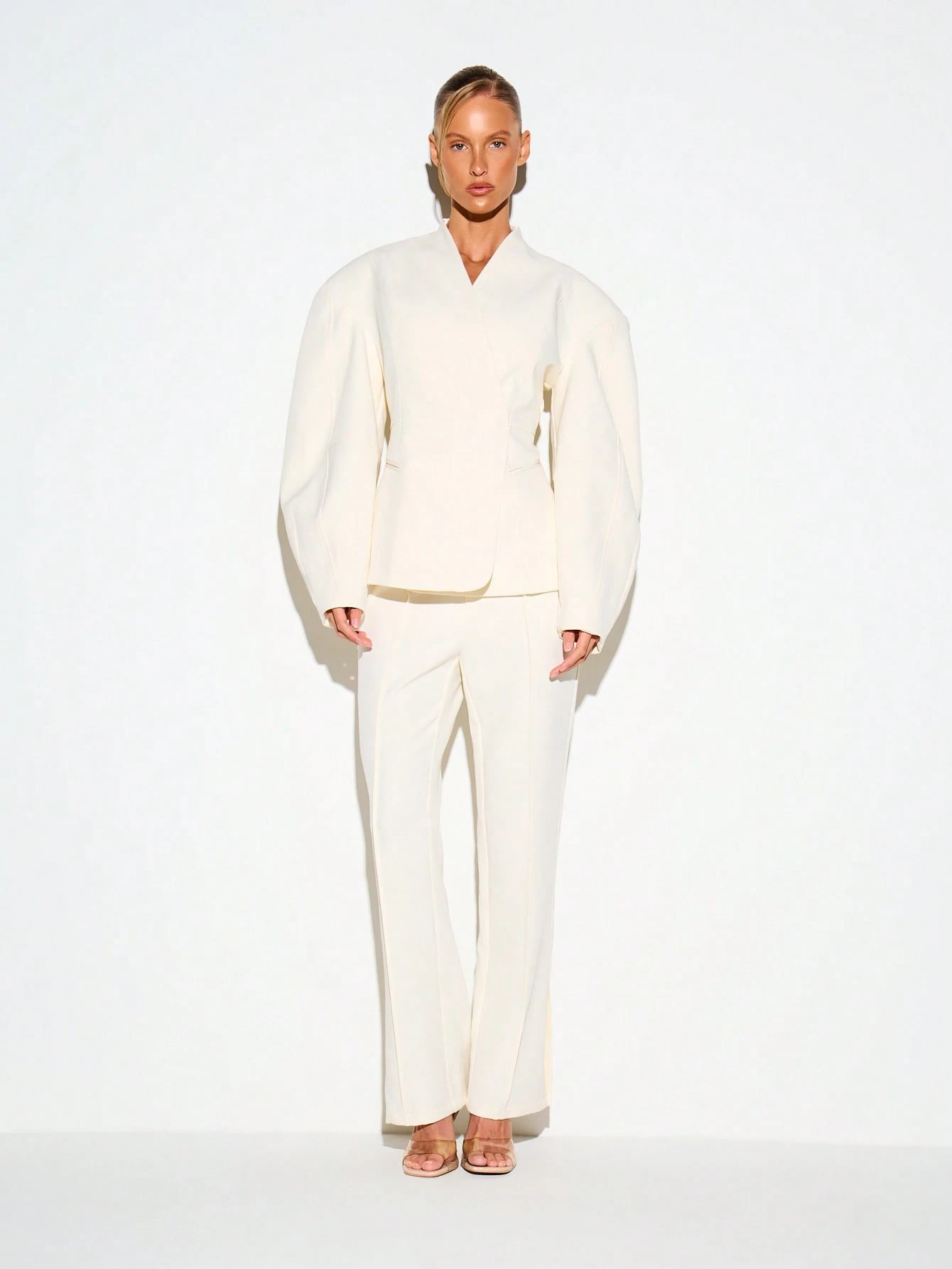 KIZN Cinched Waist Blazer With Balloon Sleeves