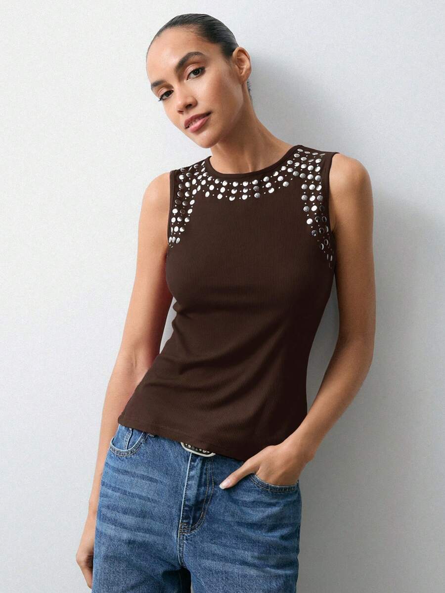 Maija Tank Top Wanita Model 2025 dengan Detail Ribbed dan Foil Metalik, Cocok untuk Pesta Hari Valentine - Coklat - View 1