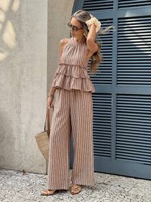 Conjunto de 2 piezas de top halter a rayas y pantalones casuales de vacaciones para mujer - Marrón 2 - Ver 7