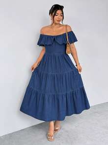 Firerie Plus Size Women Patchwork Ruffle Back Denim Dress Autumn Formal Wedding Guest Vacation Navy Blue Casual Sexy - Dark Wash - View 7