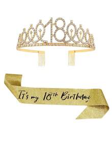 2 Peças Conjunto de Faixa de 18 Anos e Tiara de Coroa de Strass - Fita de Aniversário Feliz Dourada Brilhante com Broche de Rainha, Tiara Brilhante para Mulheres e Meninas, Decorações de Festa de Aniversário de Marco, Acessório de Foto Sweet 18, Presente de Aniversário para Ela, Suprimentos para Despedida de Solteira e Ano Novo - Multicolor - Visão 12