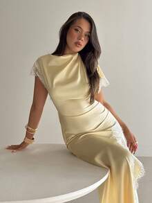 Aloruh Women's Elegant Light Yellow Dress, Sexy High Slit Lace Trim Asymmetric Short Sleeve Dress - Light Yellow - View 6