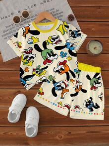 Set de 2 piezas de camiseta de manga corta con estampado de perro y pantalones cortos para niños pequeños, esquema de color retro y lindo, corte holgado, creando un atuendo de verano alegre y adorable - Multicolor - Ver 3