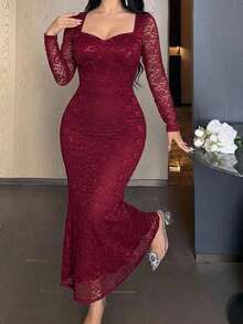 Feyla Vestido elegante de manga larga, cuello de corazón y ajustado para mujer de talla grande - Burdeos - Ver 5
