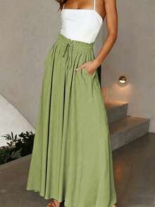 Pariaura Women's Solid Color Minimalist Casual Pants Vacation Sage Green Autumn - Green - View 3