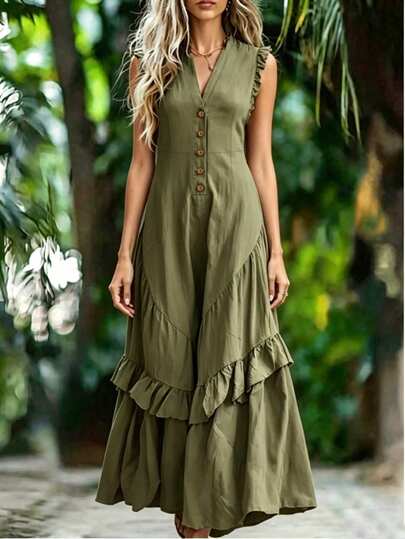 Balvessa Áo không tay cổ chữ V màu xanh lá cây nhạt, trang trí phía trước, bộ jumpsuit ống loe ôm sát có bèo nhún dành cho nữ, phong cách thường ngày.