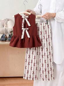 SHEIN 2件套少女碎花无袖上衣和宽松休闲裤套装 - 紅白色 - 查看 6