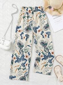 SHEIN Quần ống rộng cạp cao in họa tiết lá cây, dáng rộng thoải mái, viền bèo nhún, dành cho bé gái tuổi teen. - Nhiều màu - Xem 5