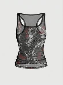ROMWE Grunge Punk Punk Goth Skelett Drake Växt Sexigt Transparent Mesh Damlinne - Svart - Visa 1