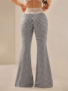 SHEIN PETITE Women's Lace Patchwork Plaid Casual Versatile Daily Wear Pants - Black and White - View 2