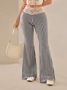 SHEIN PETITE Women's Lace Patchwork Plaid Casual Versatile Daily Wear Pants - Black and White - View 5