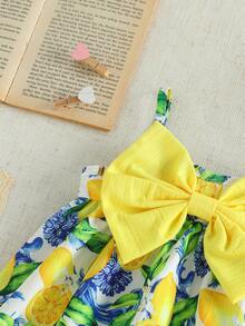SHEIN Robe sans manches pour bébé fille mignonne avec imprimé floral citron blanc et jaune, robe d'été pour vacances et fêtes pour nouveau-né et nourrisson, avec décoration papillon 3D, 0-3 ans - Jaune citron - Voir 6