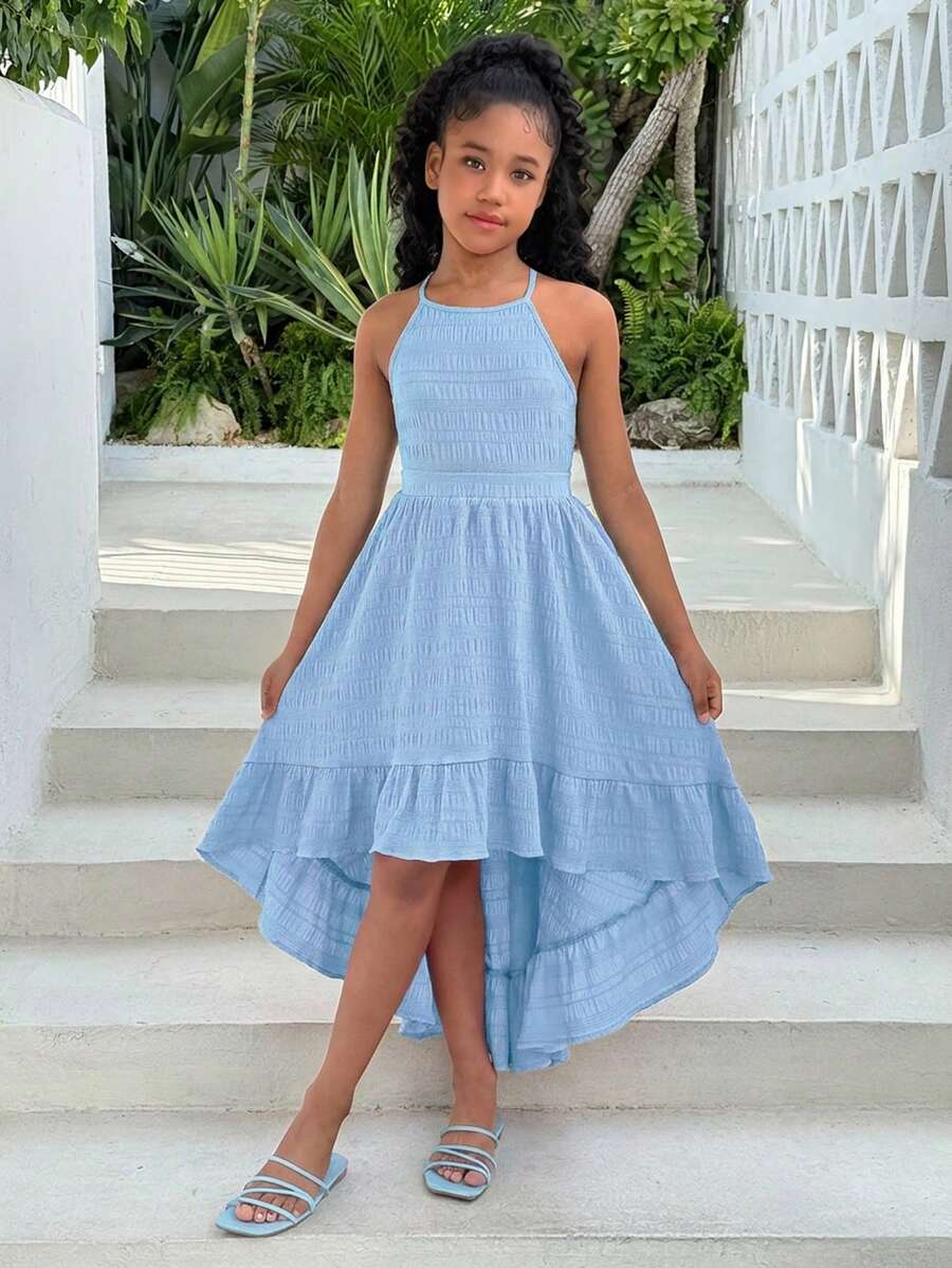 Tween Girl Vacation Halter Neck Curved Hem Dress - Blue - View 1