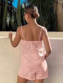 DAZY 2pcs/Set Summer Women Striped Contrast Ruffle Trim Camisole And Shorts Pajama Set, Vacation Style - Pink - View 2