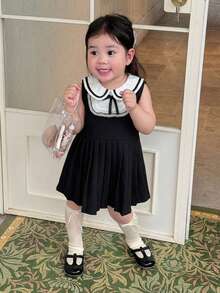 Dazy Kids Toddler Girls' Round Neck Color Block Korean Style Bow Sleeveless Mid-Length Dress Summer - Black - View 1