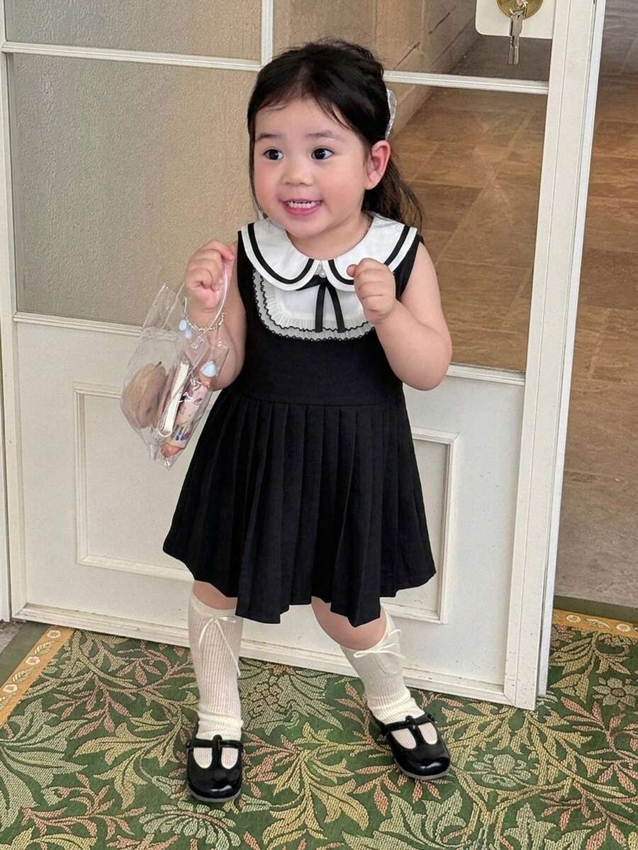 Dazy Kids Toddler Girls' Round Neck Color Block Korean Style Bow Sleeveless Mid-Length Dress Summer - Black - View 1
