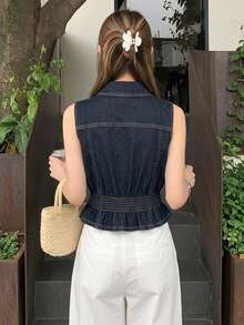 DAZY Women's Korean Style Fitted Casual Denim Blouse, Summer - Blue - View 2