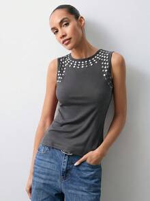 Maija 2025 Fitted Ribbed Metallic Foil Design Women Tank Top, Suitable For Valentine's Day Party - Dark Grey - View 7