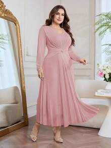 Seusyu Elegant Fitted Knit Textured Mesh Patchwork Waist-Cinched A-Line Long Sleeve Plus Size Women Dress, Spring/Summer Fall - Pink - View 6