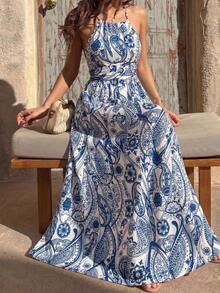 SHEIN LUNE Gaun Maxi A-Line Wanita Elegan Model Halter Neck, Bahu Terbuka, Pinggang Berputar, Motif Colorblock Asimetris untuk Musim Semi/Panas - Biru - View 4