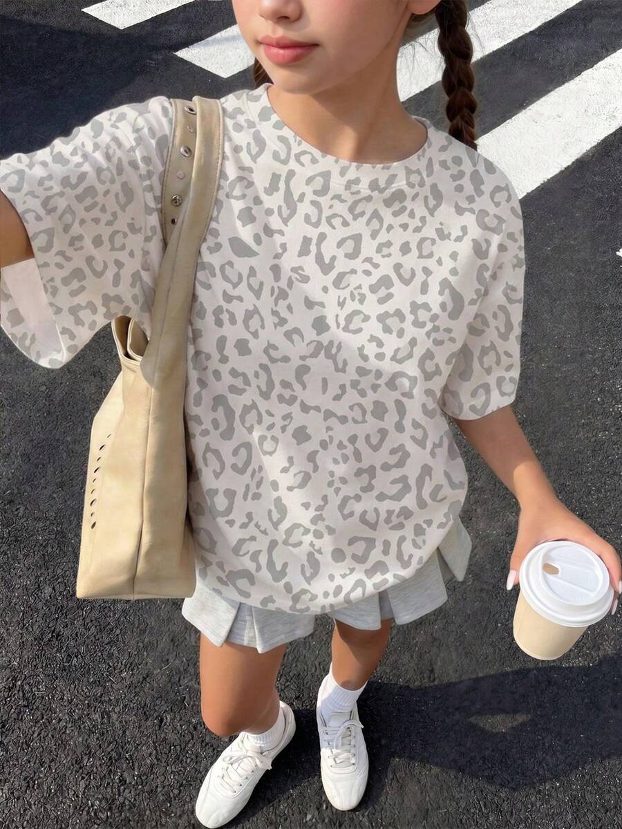 T-shirt col rond à manches courtes polyvalent et minimaliste pour jeunes filles, adapté pour l'été - Multicolore - Voir 1