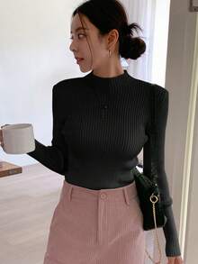 DAZY Women's Solid Stand Collar Long Sleeve Casual Business Pullover Sweater For Fall,Long Sleeve Tops - Black - View 3