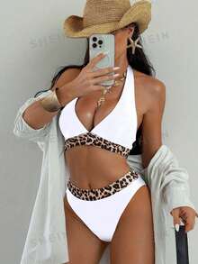 Swim Basics 2025 Women's Swimwear Set, Random Prints, Purchased Copyright Leopard BikiniTwo Pieces Bikinihigh Waisted Bikini Set For Summer Beach Vacation - White - View 4