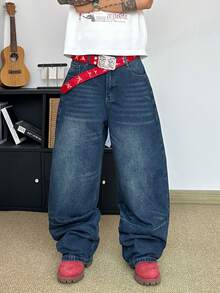 STEELVANCE Quần jeans ống đứng dáng rộng cổ điển, hiệu ứng giặt mài, thêu hình ria mèo trên túi, phong cách đường phố đa năng. - Màu xanh lam - Xem 7