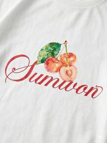 SUMWON Cherry Print Summer Script Short Sleeve Crew Neck Regular Fit Tee Casual Graphic Design Fruit Motif Everyday Wear - White - View 3