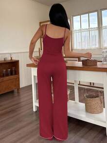 SHEIN Contrast Trim Camisole & Straight Leg Pants Women Pajama Set - Burgundy - View 2