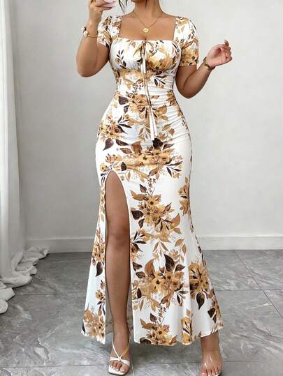 GlowEve CURVE Robe à col carré élégante à manches courtes avec imprimé floral sur fond blanc, grande taille. Convient pour le printemps, l'été et l'automne